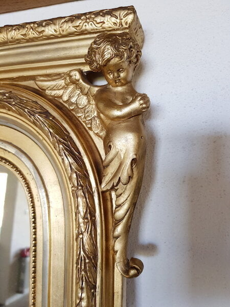 Large Louis XVI Empire Revival Style Two Tone Gilt Mirror with Cherubs