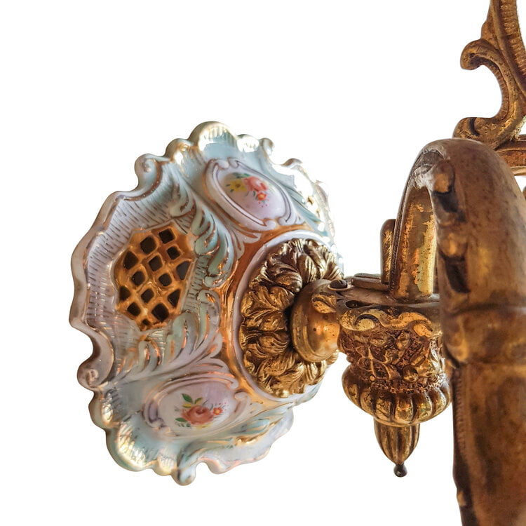 Pair of Vintage Italian Bronze and Porcelain Wall Sconces