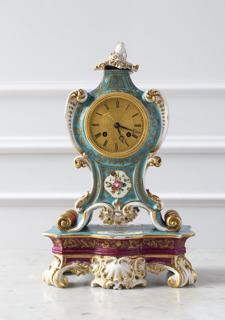French Sevres Style Porcelain Striking Mantel Clock with Silk Suspension