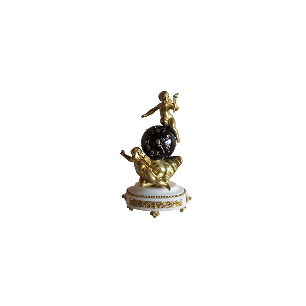 gilt and marble clock with putti and blue orb