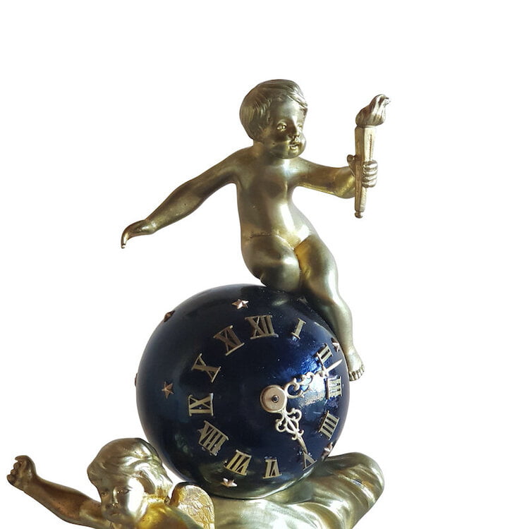 A Fine French Napoleon III Gilt Bronze and White Marble Mantel Globe Clock with Putti