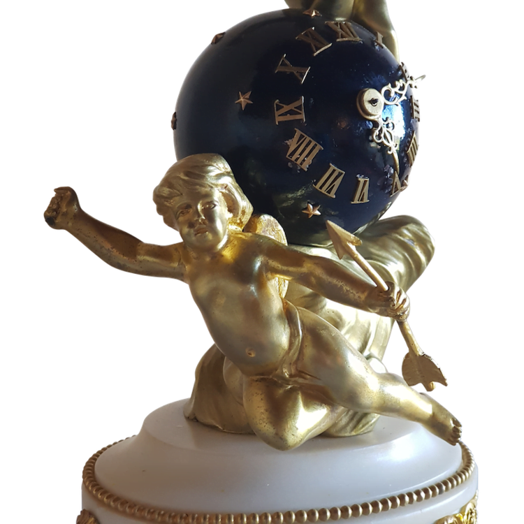 A Fine French Napoleon III Gilt Bronze and White Marble Mantel Globe Clock with Putti