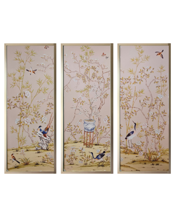 Chai Wan Rose Chinoiserie Handpainted Wallpaper Framed Triptych