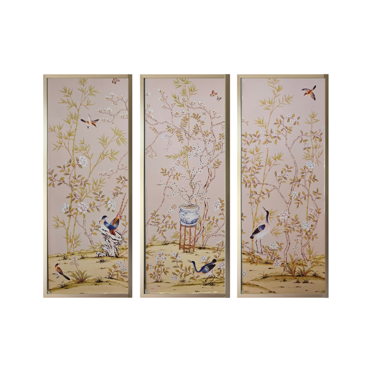 Chai Wan Rose Chinoiserie Handpainted Wallpaper Framed Triptych