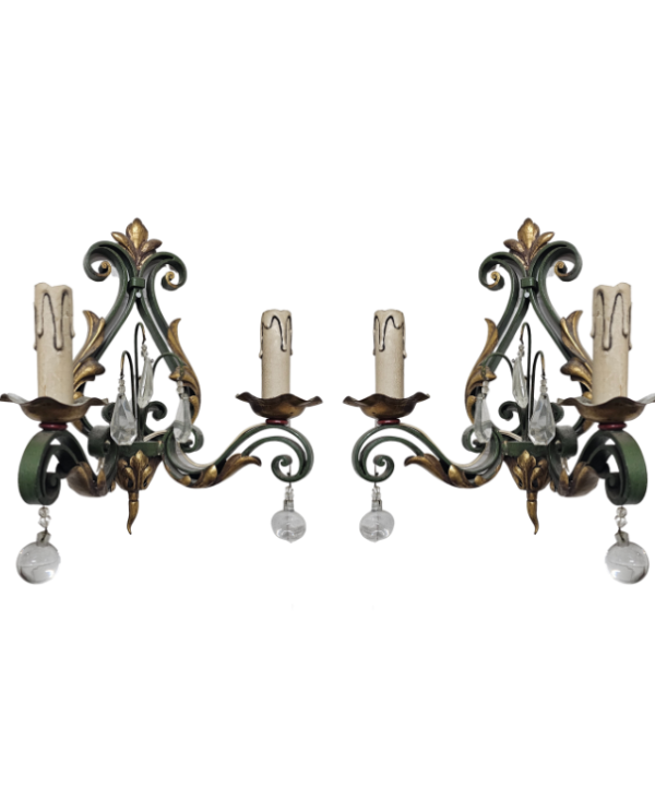Pair of French Iron and Tole Painted and Gilt Wall Sconces
