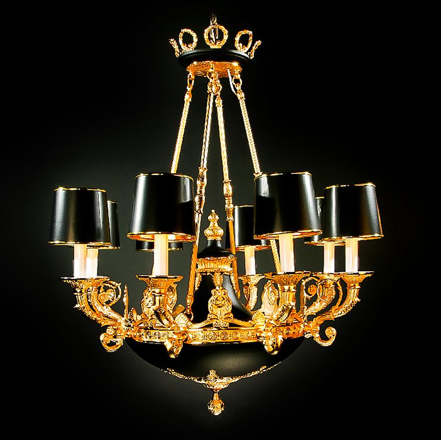 Pair of 8 light Empire Style Gilt and Ebony Chandeliers